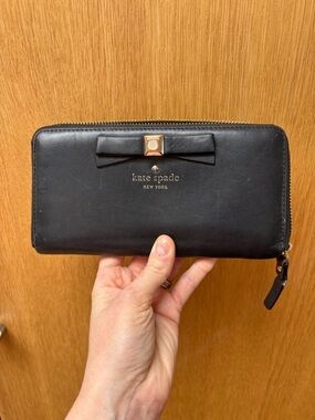 kate spade Black Leather Zip Wallet with Bow and Gold Accent